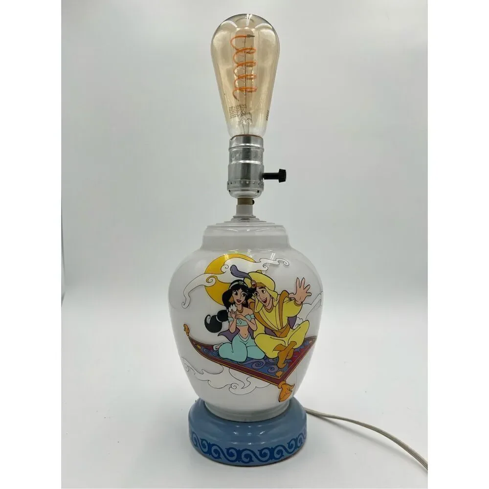 vintage Disney Aladdin & Jasmine Genie Milk Glass Lamp Red Light Night Light 90s